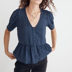 Madewell Drapeweave Puff-Sleeve Peplum Top - Size Small